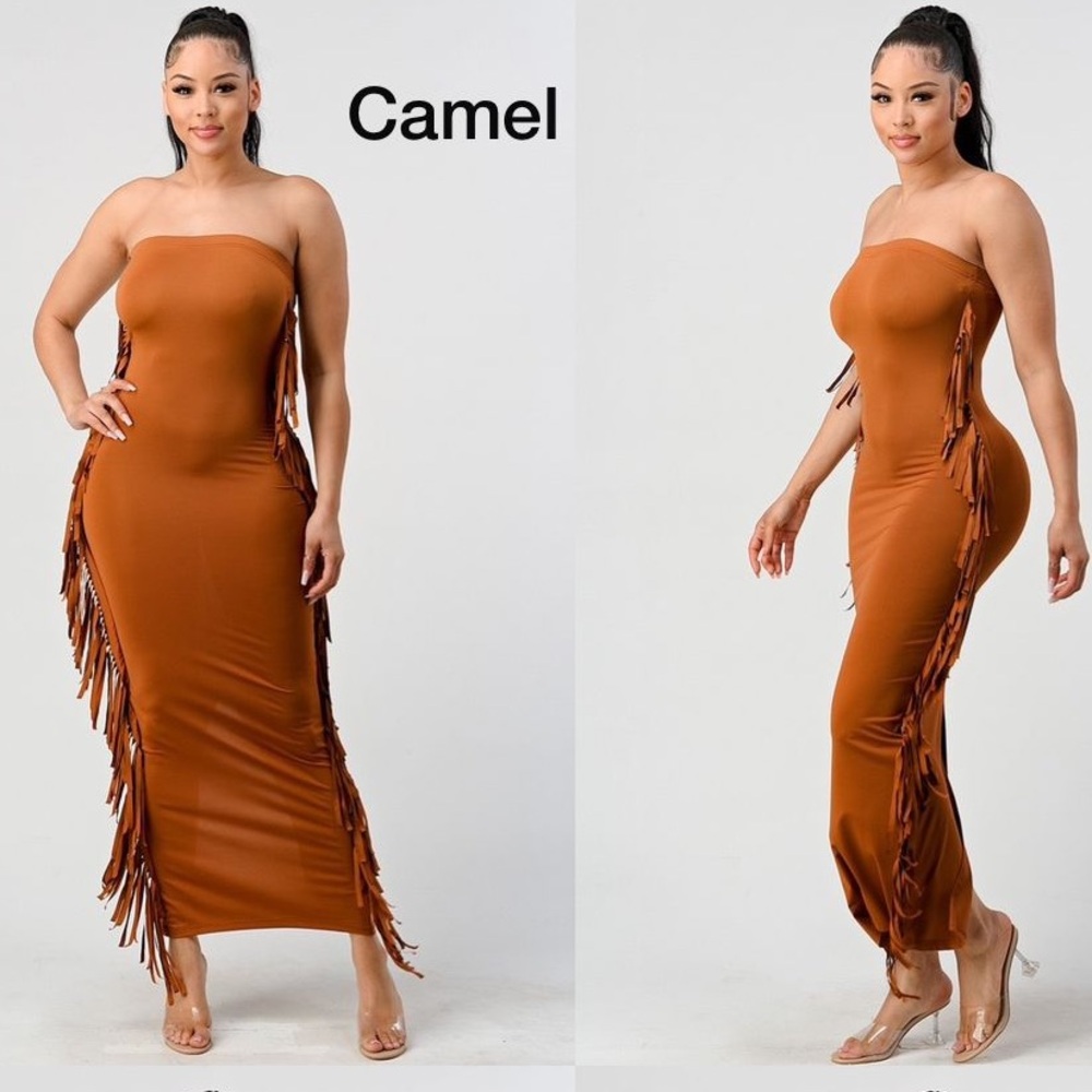 Carmel Brown Strapless Fringe Dress